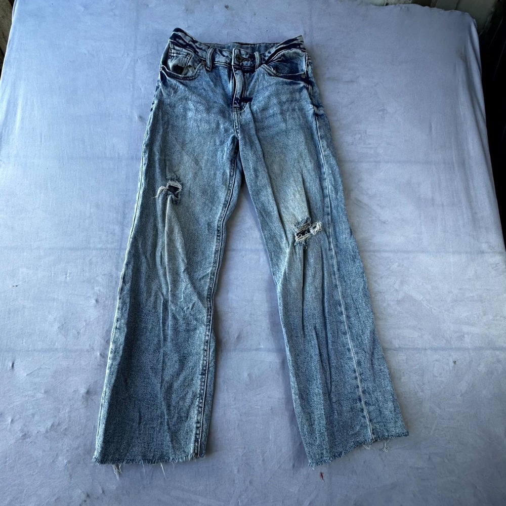 Art Class Ankle Jeans Womens 10 Blue Denim Distressed Logo Wide Leg Frayed Hem
